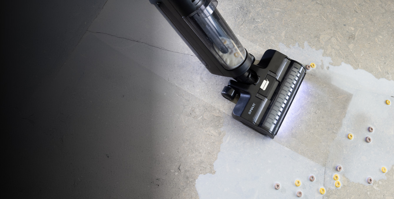 A Floor cleaner vacuums milk and cereals