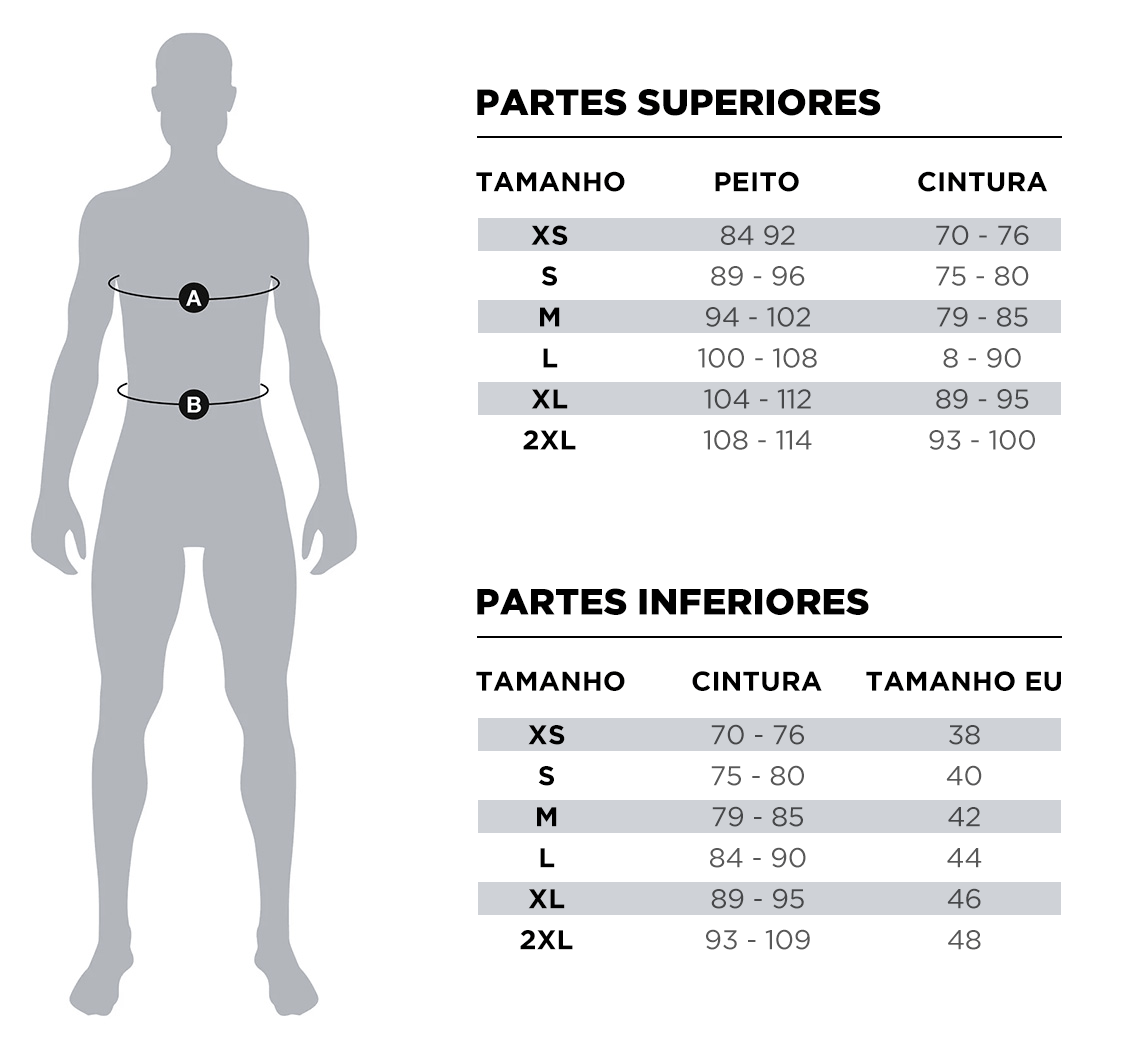 A imagem mostra o guia de tamanhos de roupa
